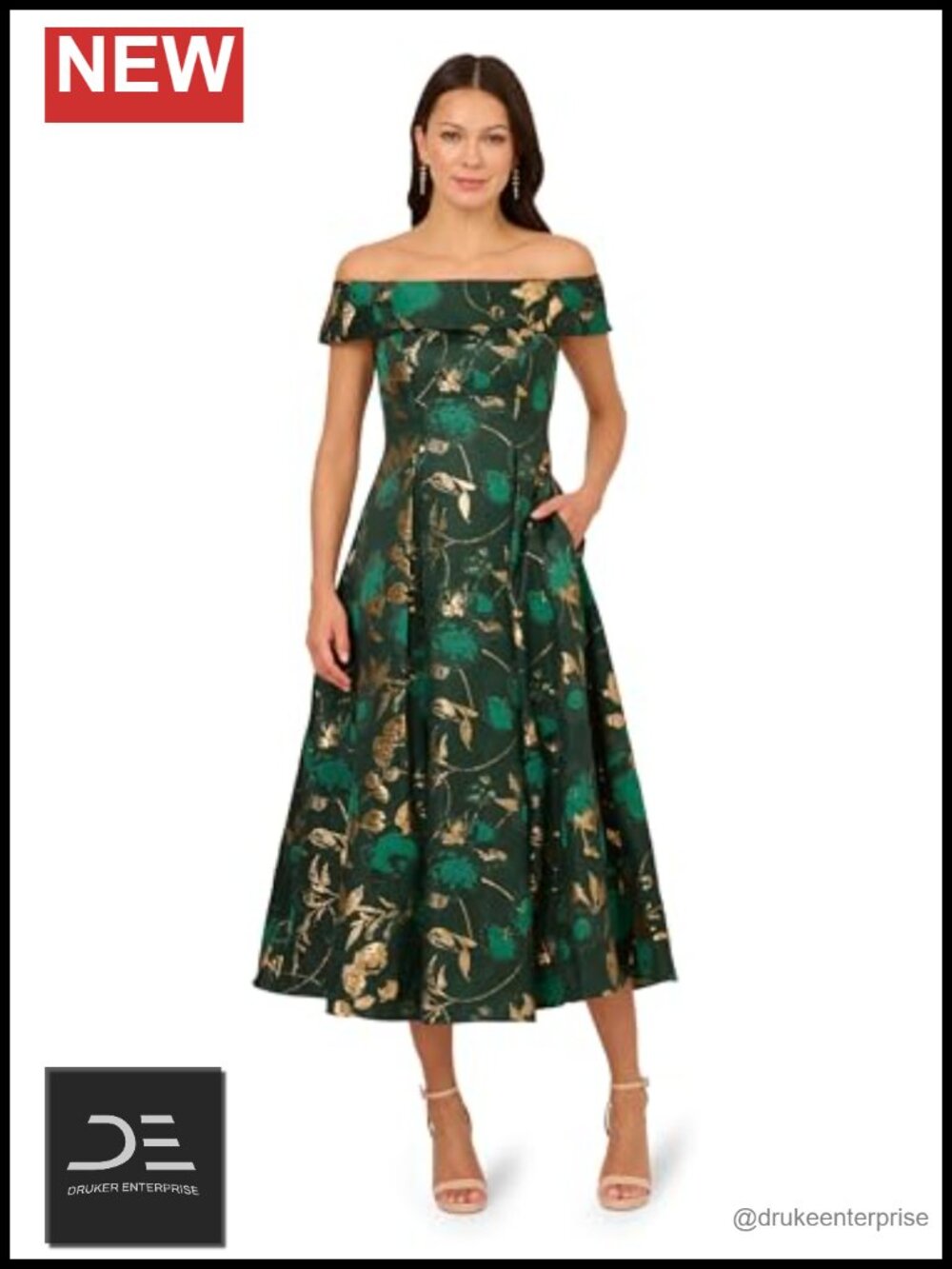 Metallic Jacquard Off Shoulder Fit Flare Midi Dress